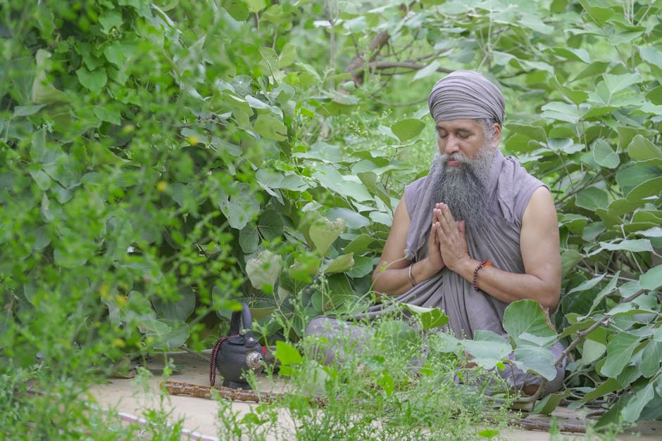 A bearded elderly man meditates in a lush green garden in Maksudra, India, embracing peace and nature.