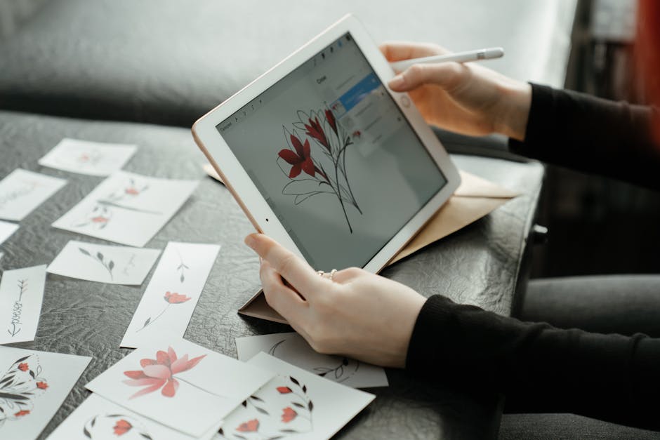 Close-up of hands refining floral sketches on a tablet in a creative studio.